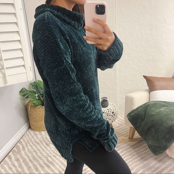 New Marled Reunited Cowl Turtleneck Evergreen Chenille Knit Sweater Green - Picture 3 of 15